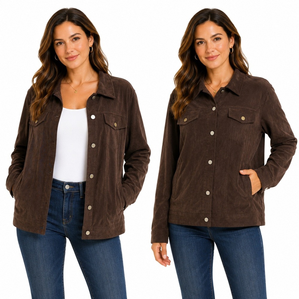 Denim & Co Jacket Womens Large Brown Faux Suede Trucker Jacket Button Front